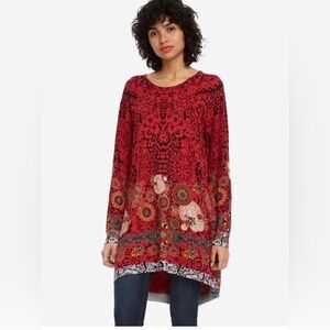 Desigual Katy red long pullover to tunic top mini dress mandalas sz S M